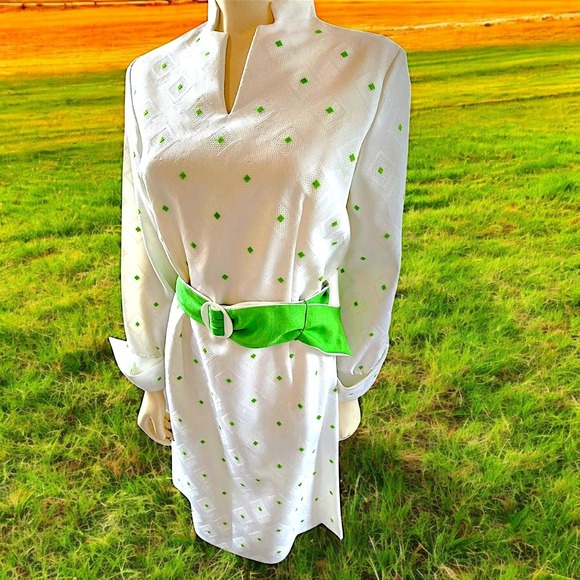 Vintage Mod White & Green Midi Dress Sz 12 W Belt New With‎ Tags - Picture 11 of 16